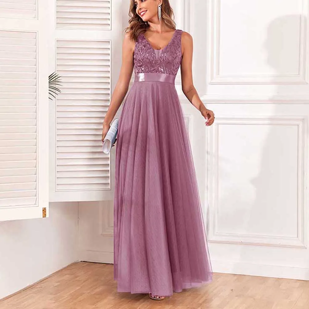 Tulle Sequin Wedding Guest Dress V-Neck Sleeveless Long Evening Dress