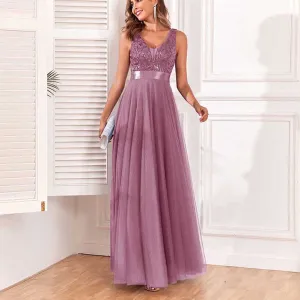 Tulle Sequin Wedding Guest Dress V-Neck Sleeveless Long Evening Dress