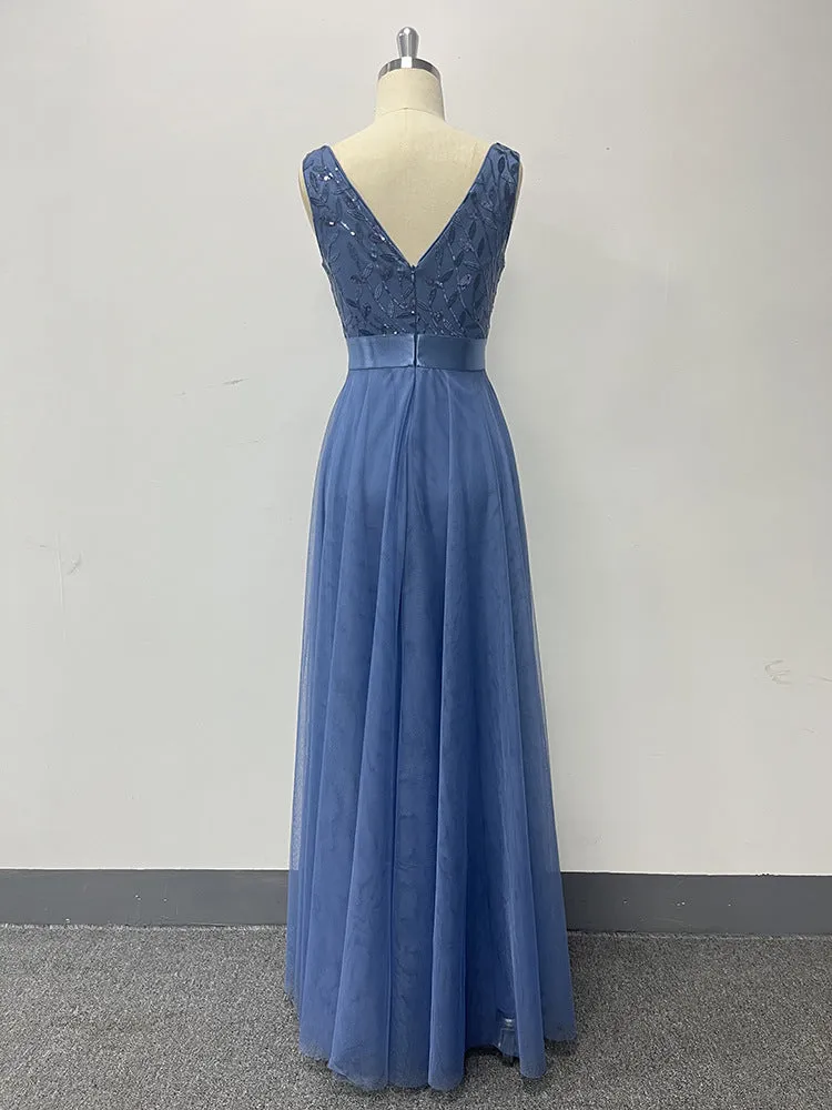 Tulle Sequin Wedding Guest Dress V-Neck Sleeveless Long Evening Dress