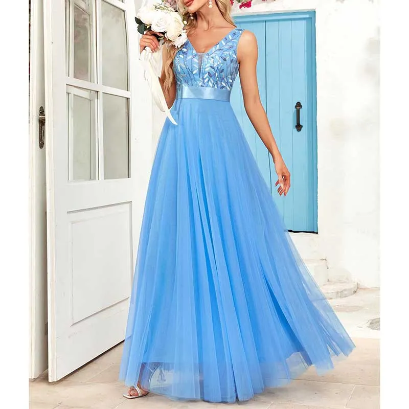 Tulle Sequin Wedding Guest Dress V-Neck Sleeveless Long Evening Dress