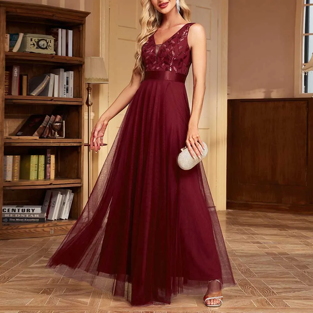 Tulle Sequin Wedding Guest Dress V-Neck Sleeveless Long Evening Dress