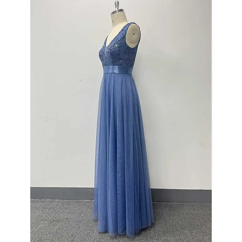 Tulle Sequin Wedding Guest Dress V-Neck Sleeveless Long Evening Dress