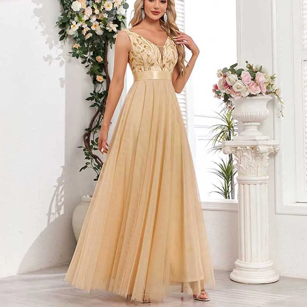 Tulle Sequin Wedding Guest Dress V-Neck Sleeveless Long Evening Dress