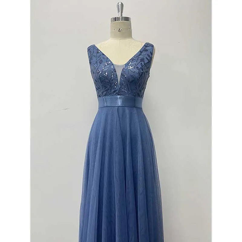 Tulle Sequin Wedding Guest Dress V-Neck Sleeveless Long Evening Dress
