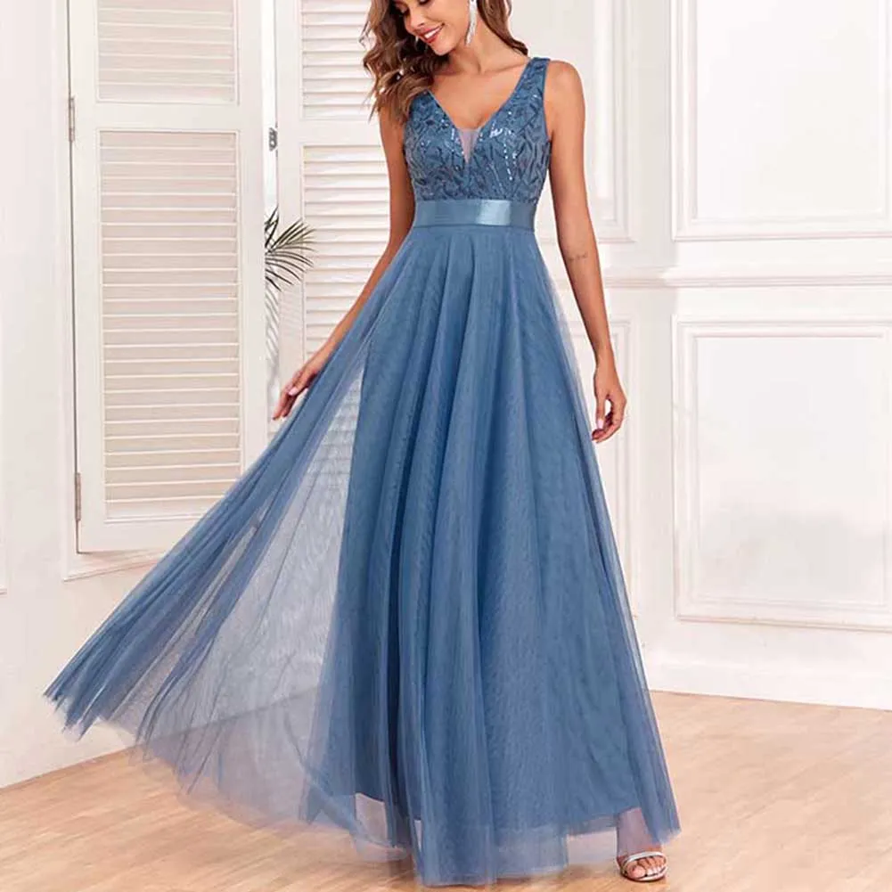 Tulle Sequin Wedding Guest Dress V-Neck Sleeveless Long Evening Dress