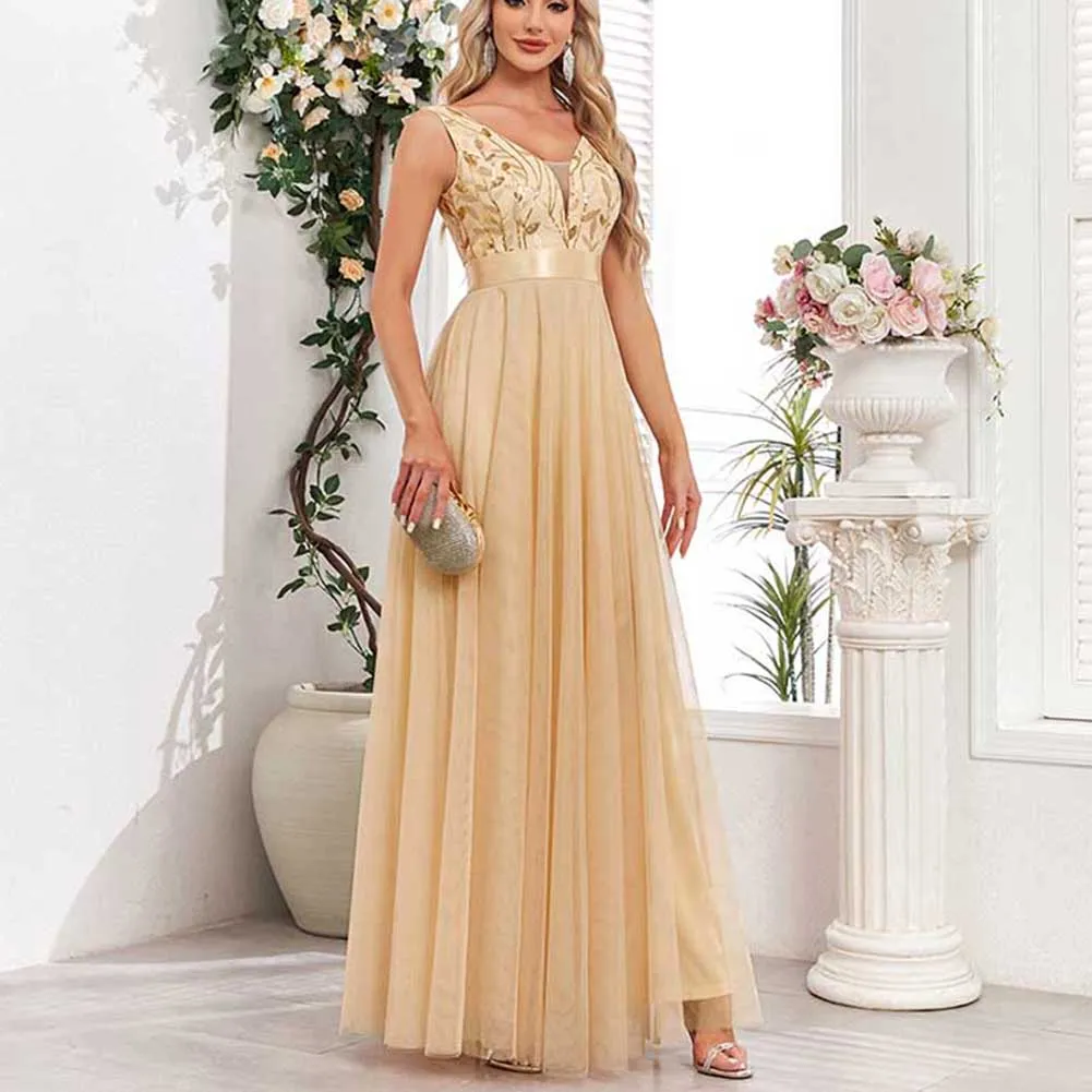 Tulle Sequin Wedding Guest Dress V-Neck Sleeveless Long Evening Dress