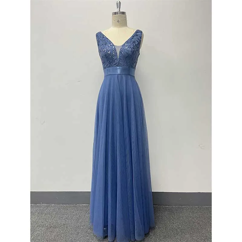 Tulle Sequin Wedding Guest Dress V-Neck Sleeveless Long Evening Dress