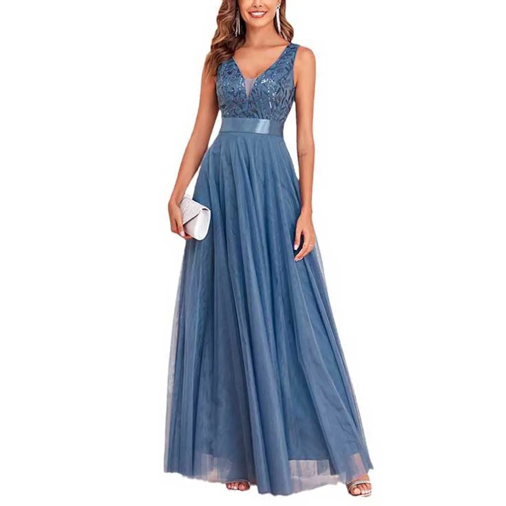 Tulle Sequin Wedding Guest Dress V-Neck Sleeveless Long Evening Dress