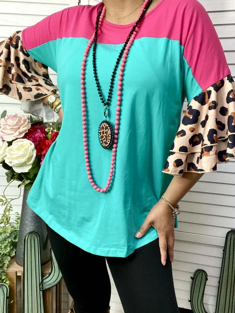 Turquoise and Pink Top with leopard bell sleeves
