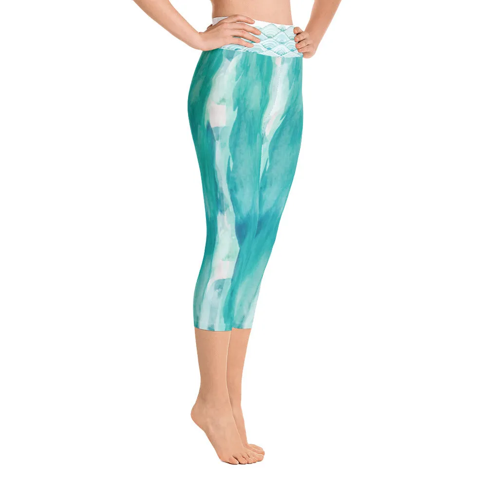 Turquoise Watercolor - Yoga Capri Leggings
