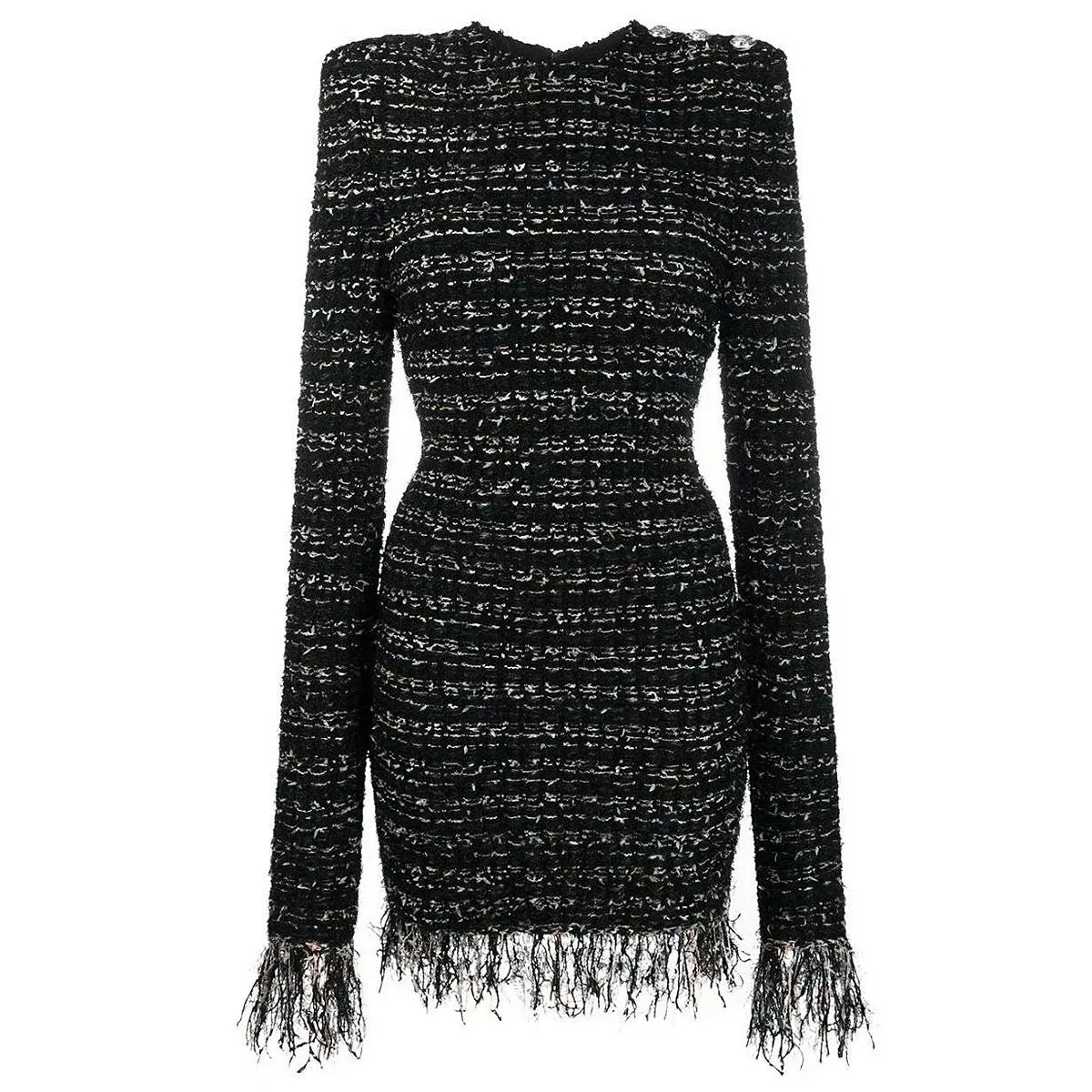 Tweed Long Sleeve Fringe Hem Mini Dress