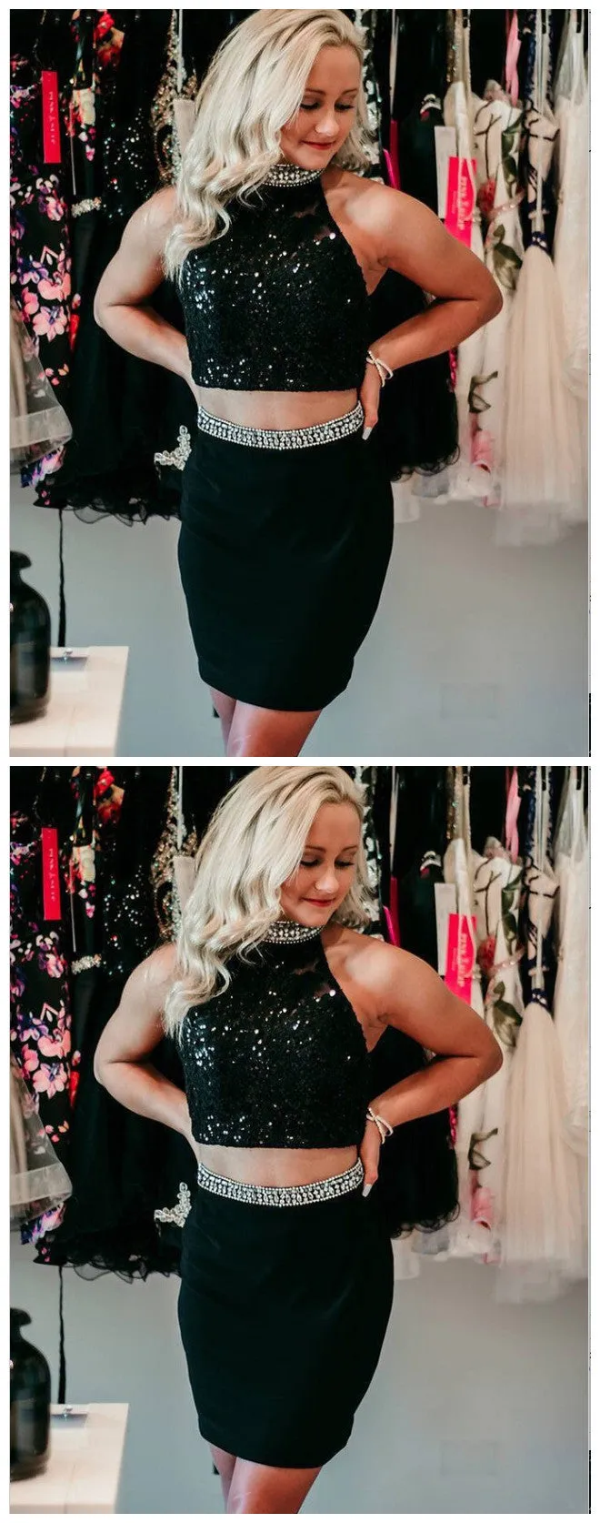 Two Piece Sheath Black Satin Homecoming Dress with Beading,Short Prom Dresses,BDY0362