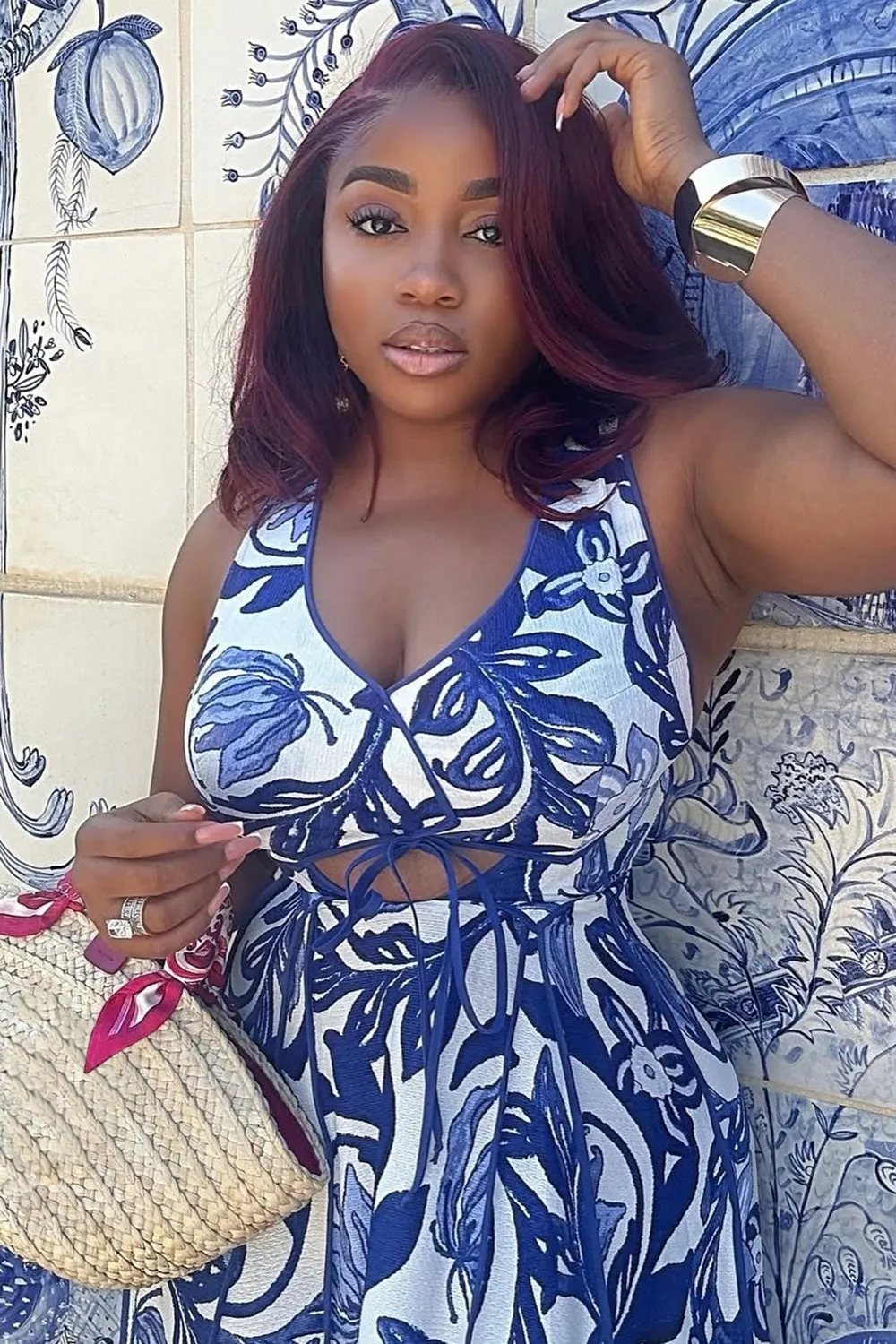 U Neck Cutout Sleeveless Boho Print Vacation Maxi Dresses-Blue [Pre Order]