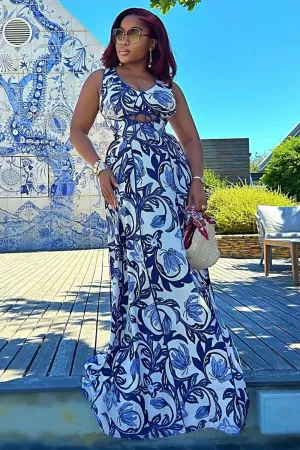 U Neck Cutout Sleeveless Boho Print Vacation Maxi Dresses-Blue [Pre Order]