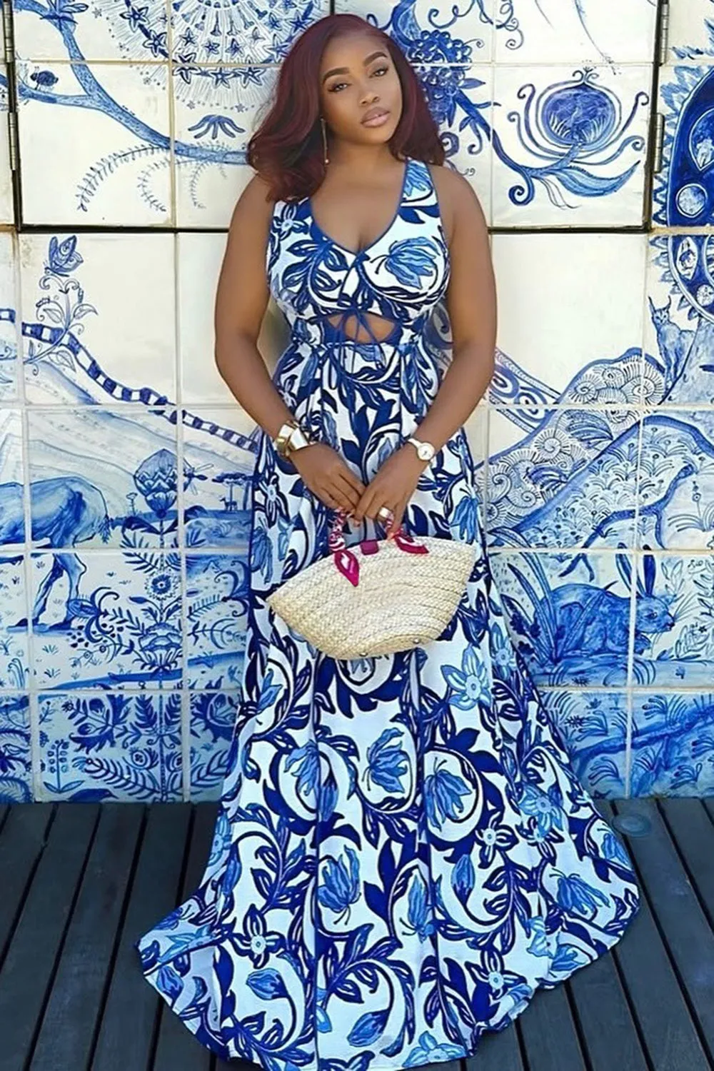 U Neck Cutout Sleeveless Boho Print Vacation Maxi Dresses-Blue [Pre Order]