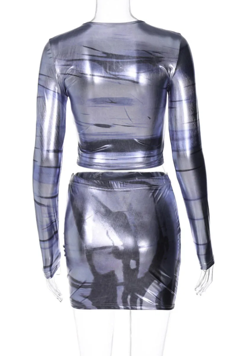 UI0215 Metallic Shirt and Skirt Set