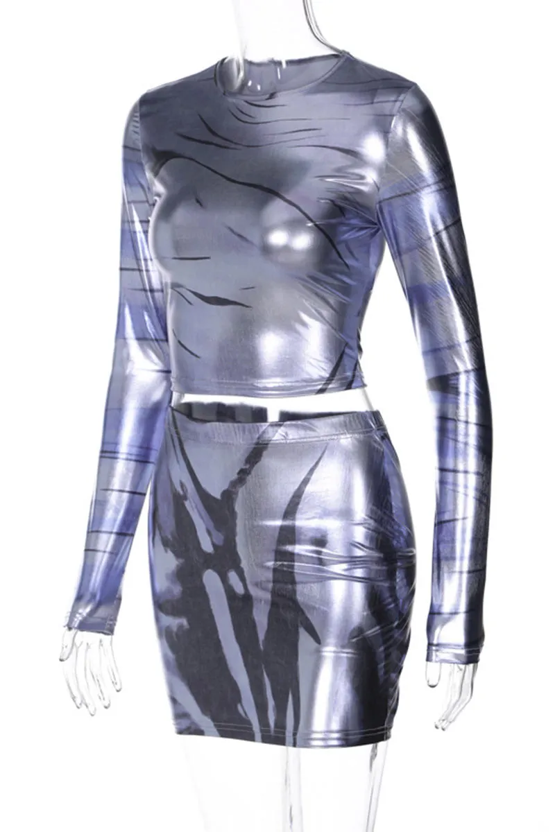 UI0215 Metallic Shirt and Skirt Set