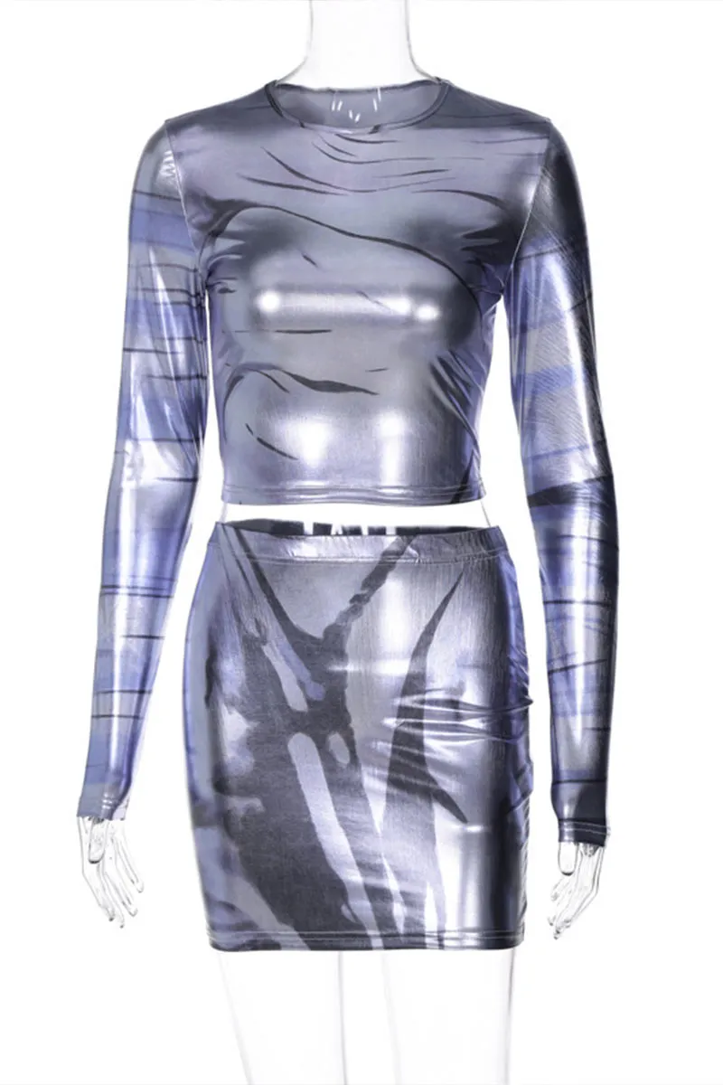 UI0215 Metallic Shirt and Skirt Set