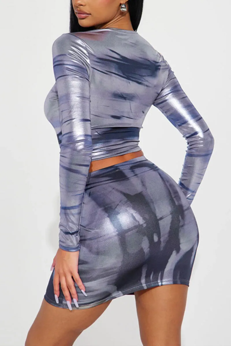 UI0215 Metallic Shirt and Skirt Set