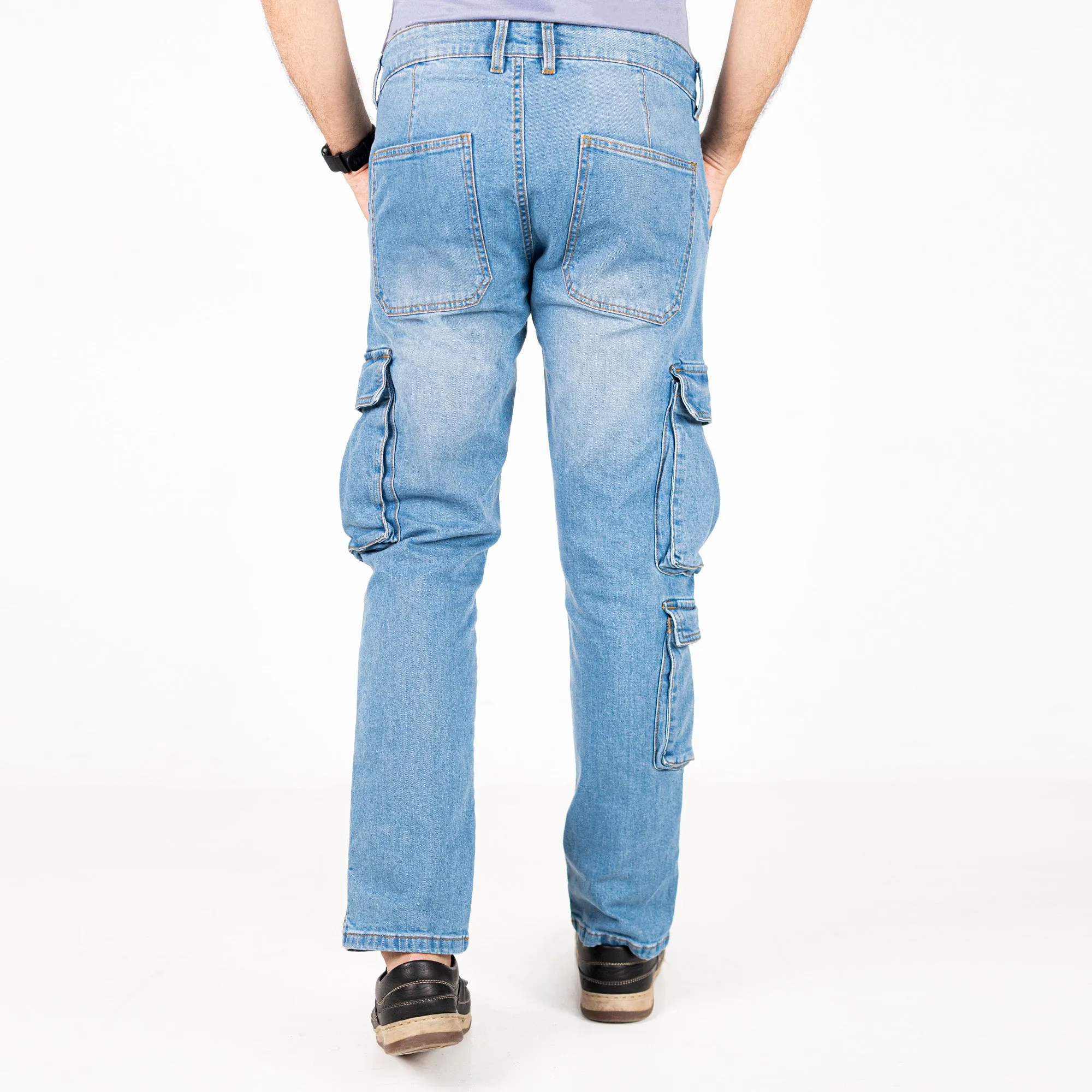 Urban7 Multi-Pocket Denim Cargo Pants - Light Blue