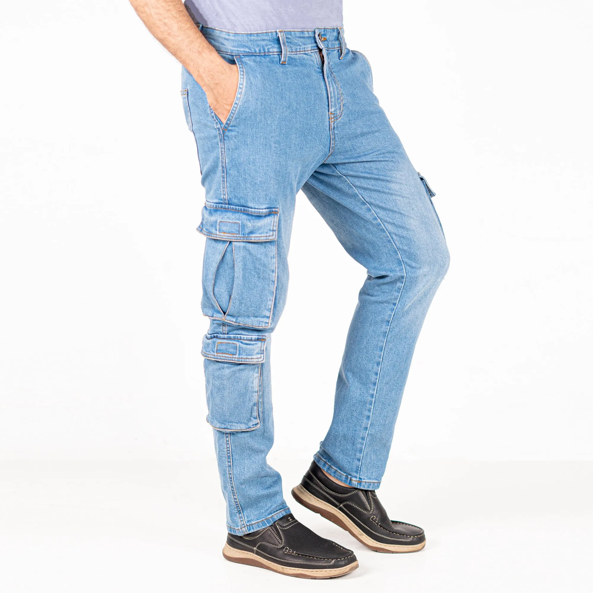 Urban7 Multi-Pocket Denim Cargo Pants - Light Blue