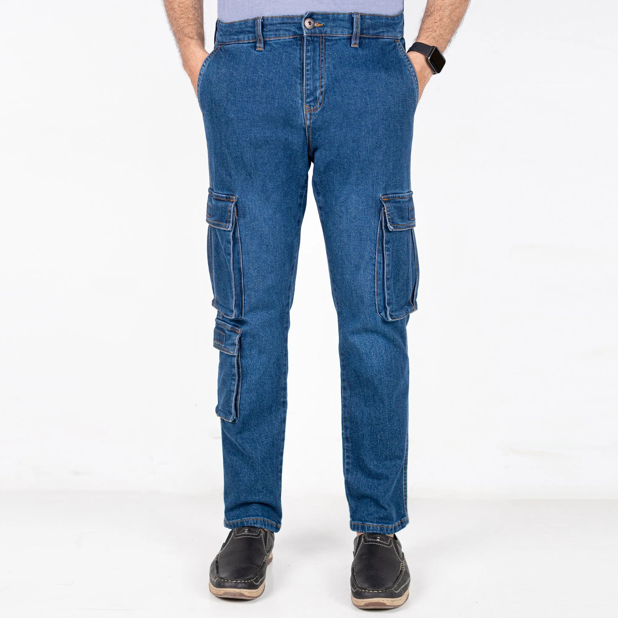 Urban7 Multi-Pocket Denim Cargo Pants - Mid Blue