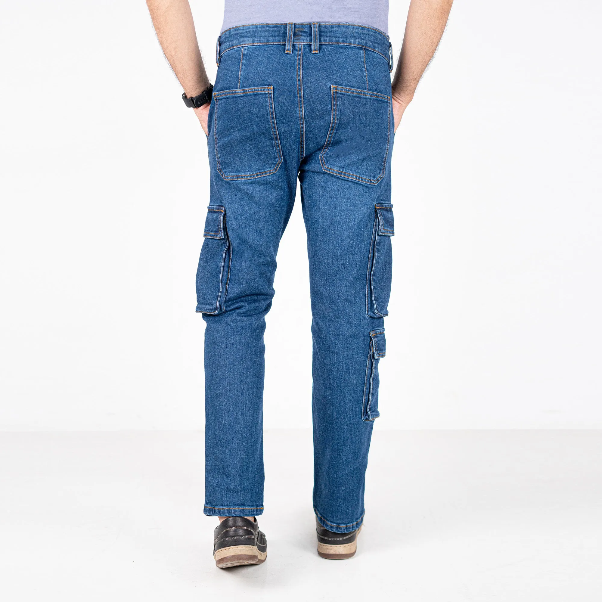 Urban7 Multi-Pocket Denim Cargo Pants - Mid Blue