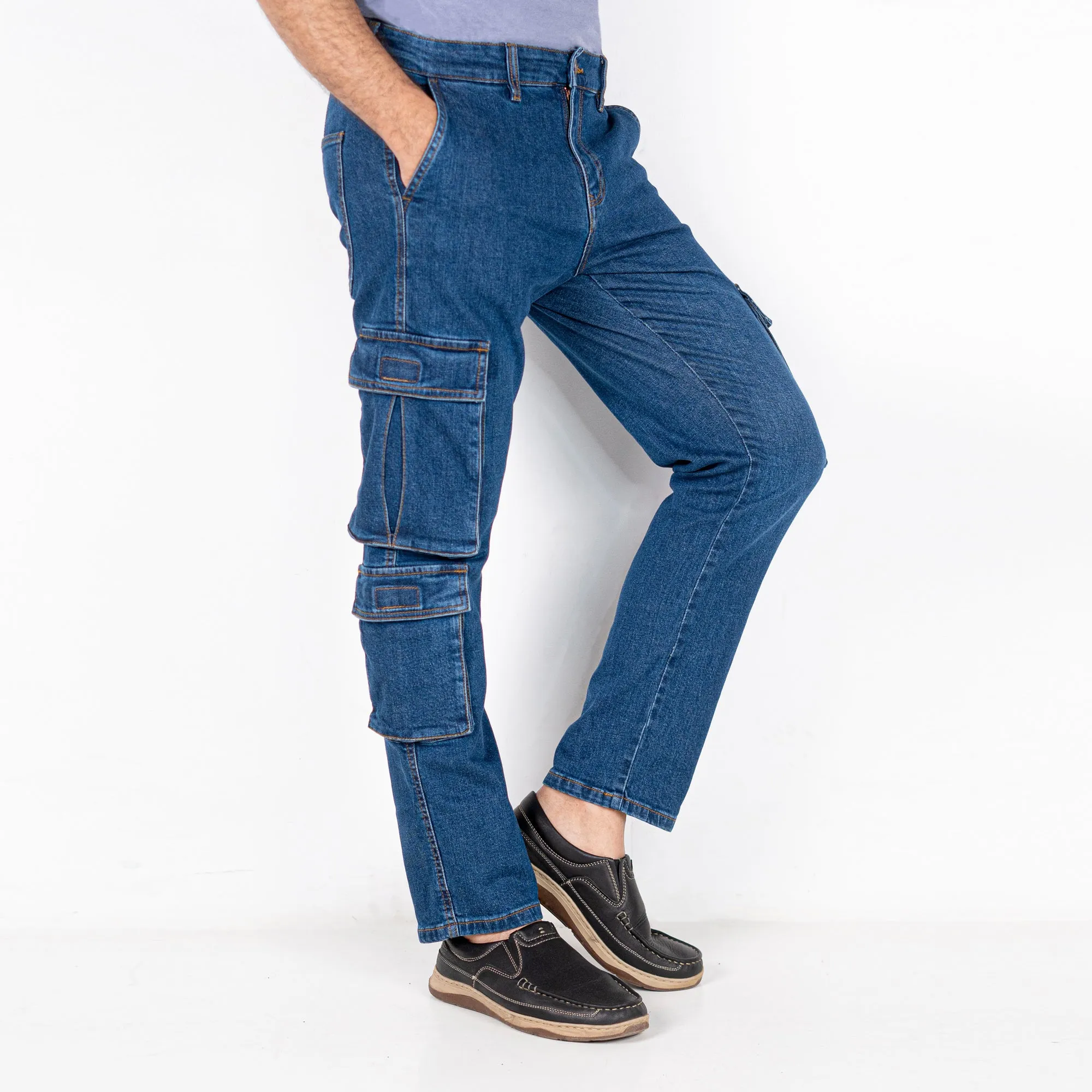 Urban7 Multi-Pocket Denim Cargo Pants - Mid Blue