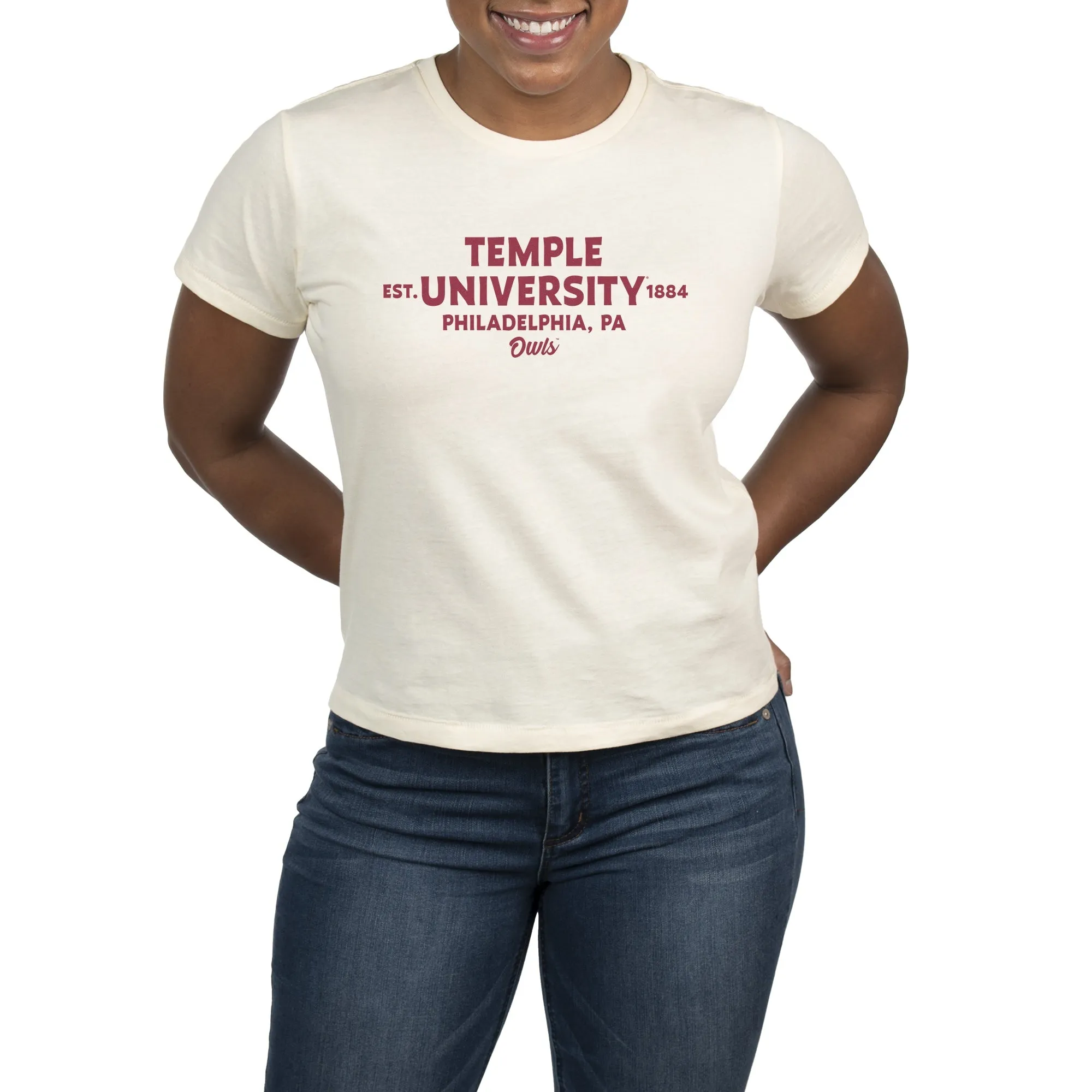 USCAPE Temple University Banner High Waisted Tee, Vintage White