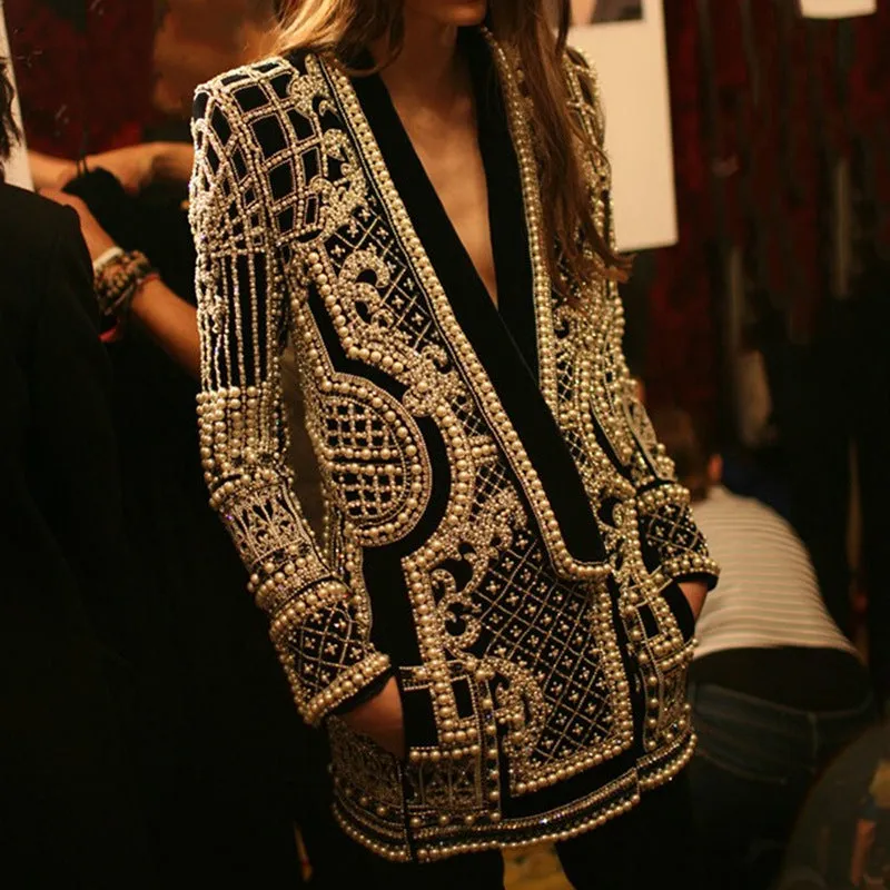 V-neck Beaded Beads Cardigans Blazer Outerwear