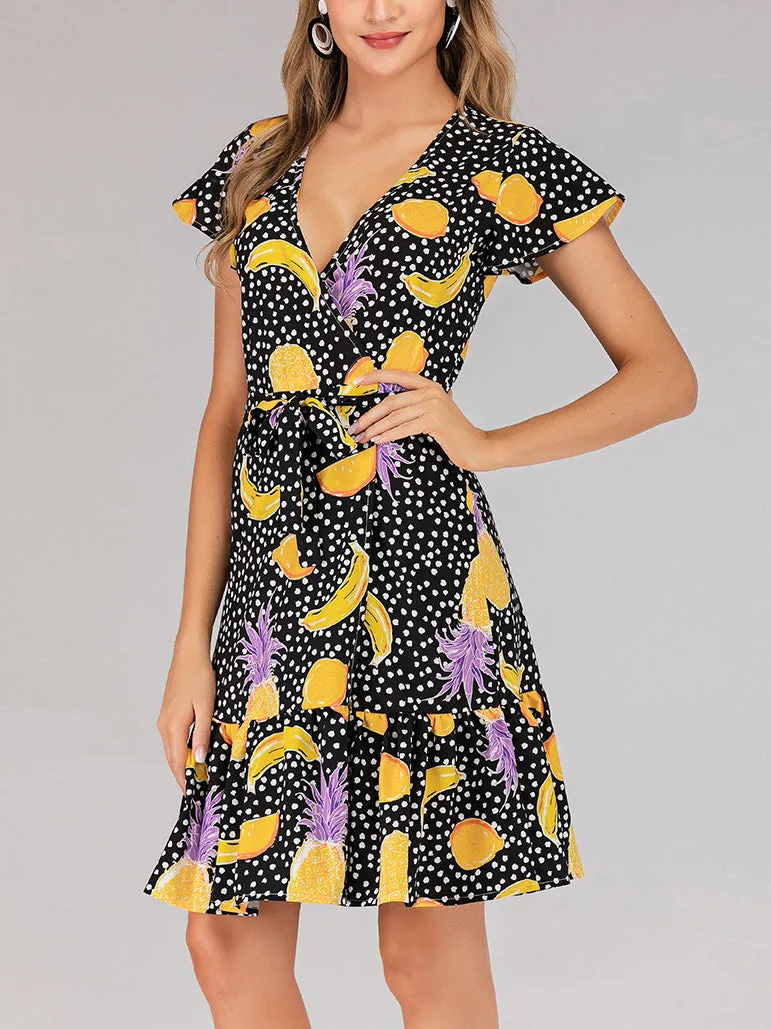 V-neck Lace-up Short-sleeved Slim Print Dress Beach Skirt