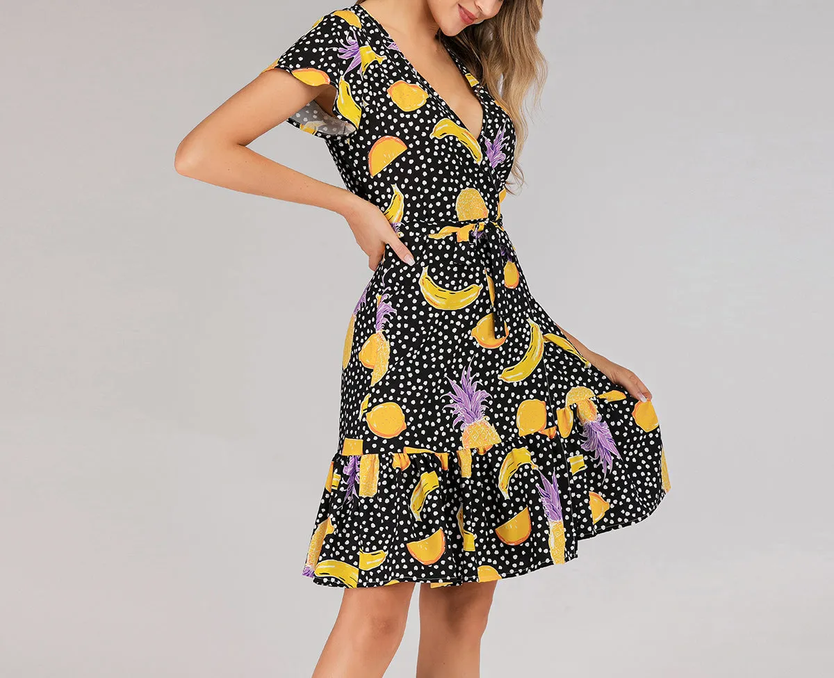 V-neck Lace-up Short-sleeved Slim Print Dress Beach Skirt