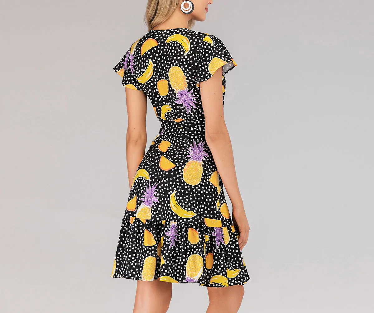 V-neck Lace-up Short-sleeved Slim Print Dress Beach Skirt