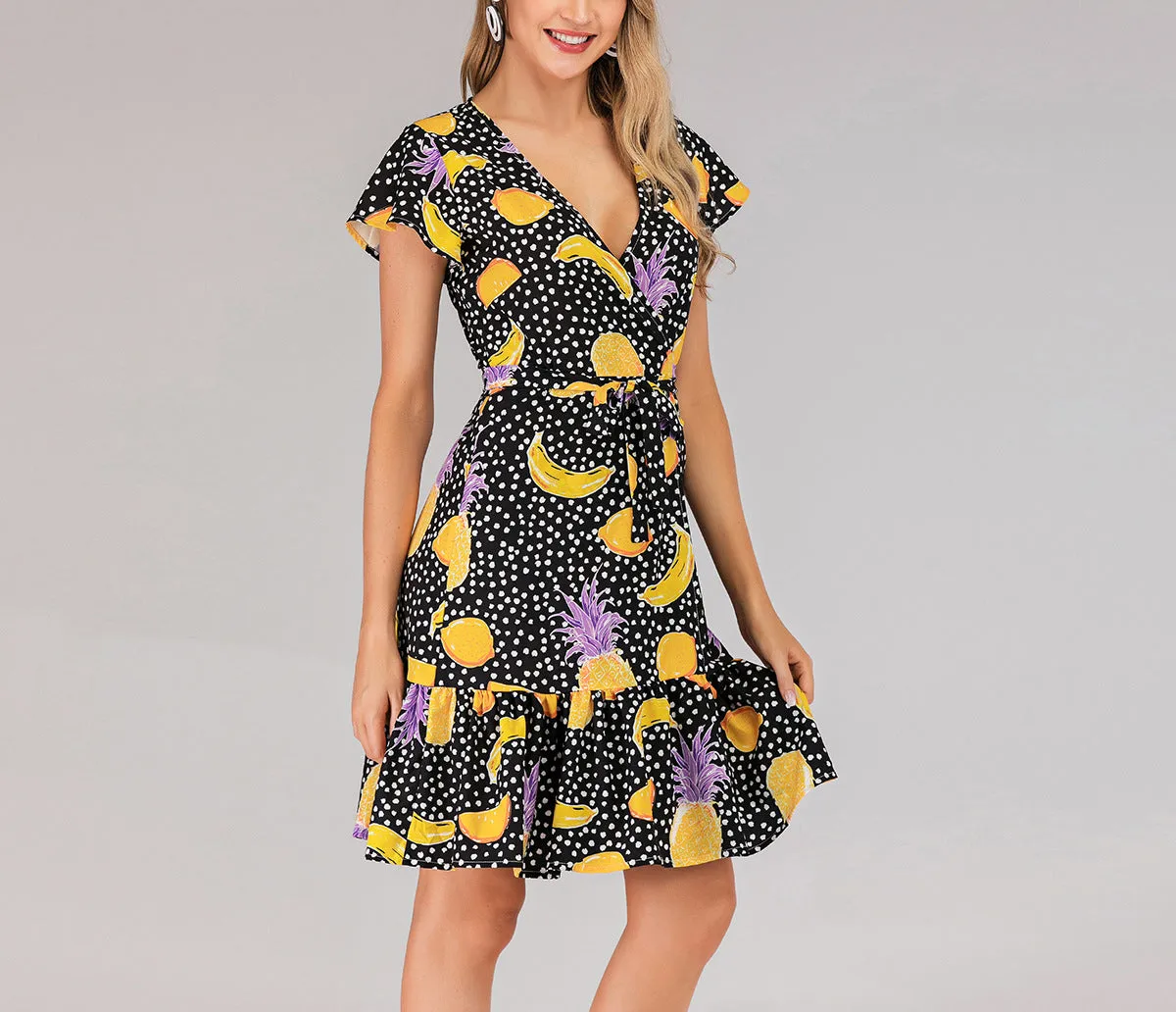 V-neck Lace-up Short-sleeved Slim Print Dress Beach Skirt