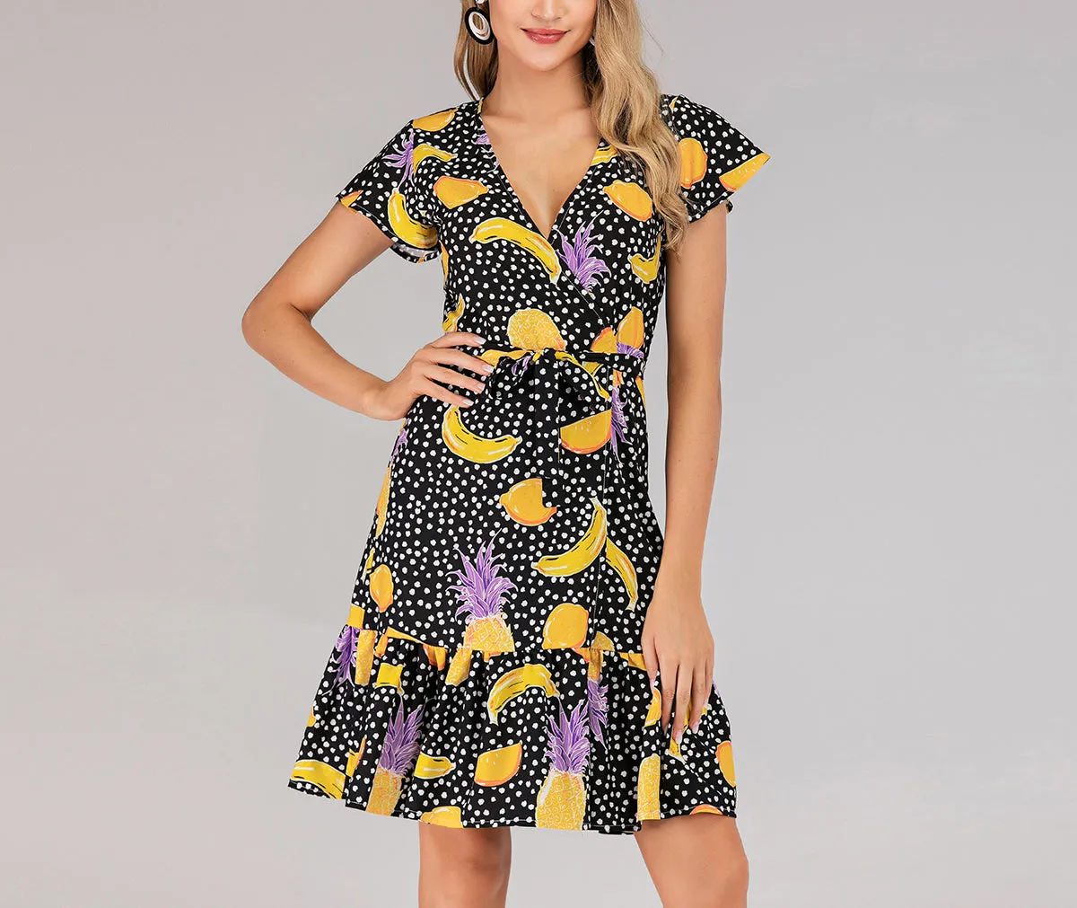 V-neck Lace-up Short-sleeved Slim Print Dress Beach Skirt