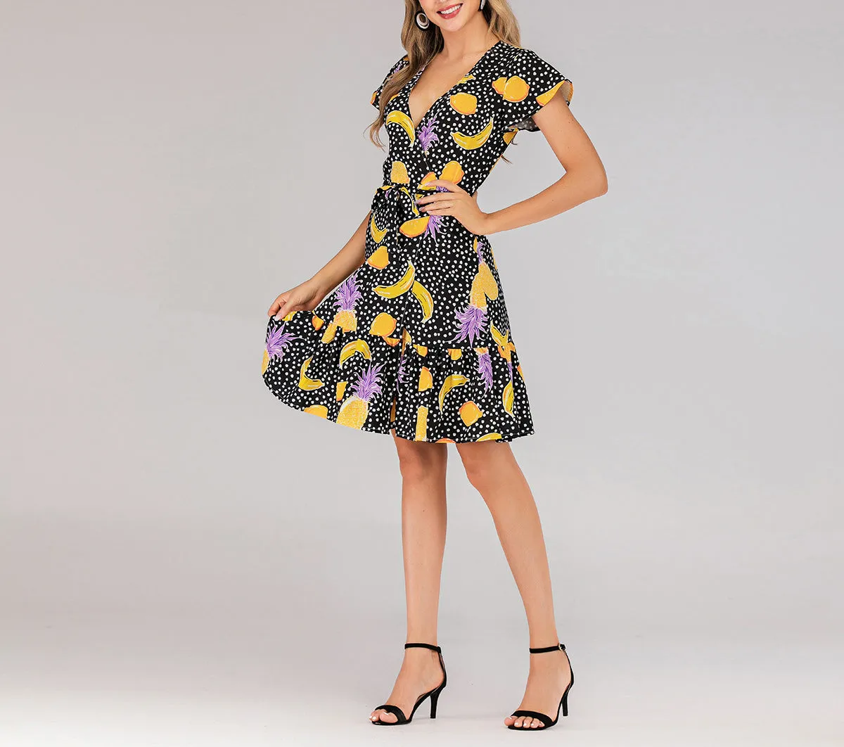 V-neck Lace-up Short-sleeved Slim Print Dress Beach Skirt