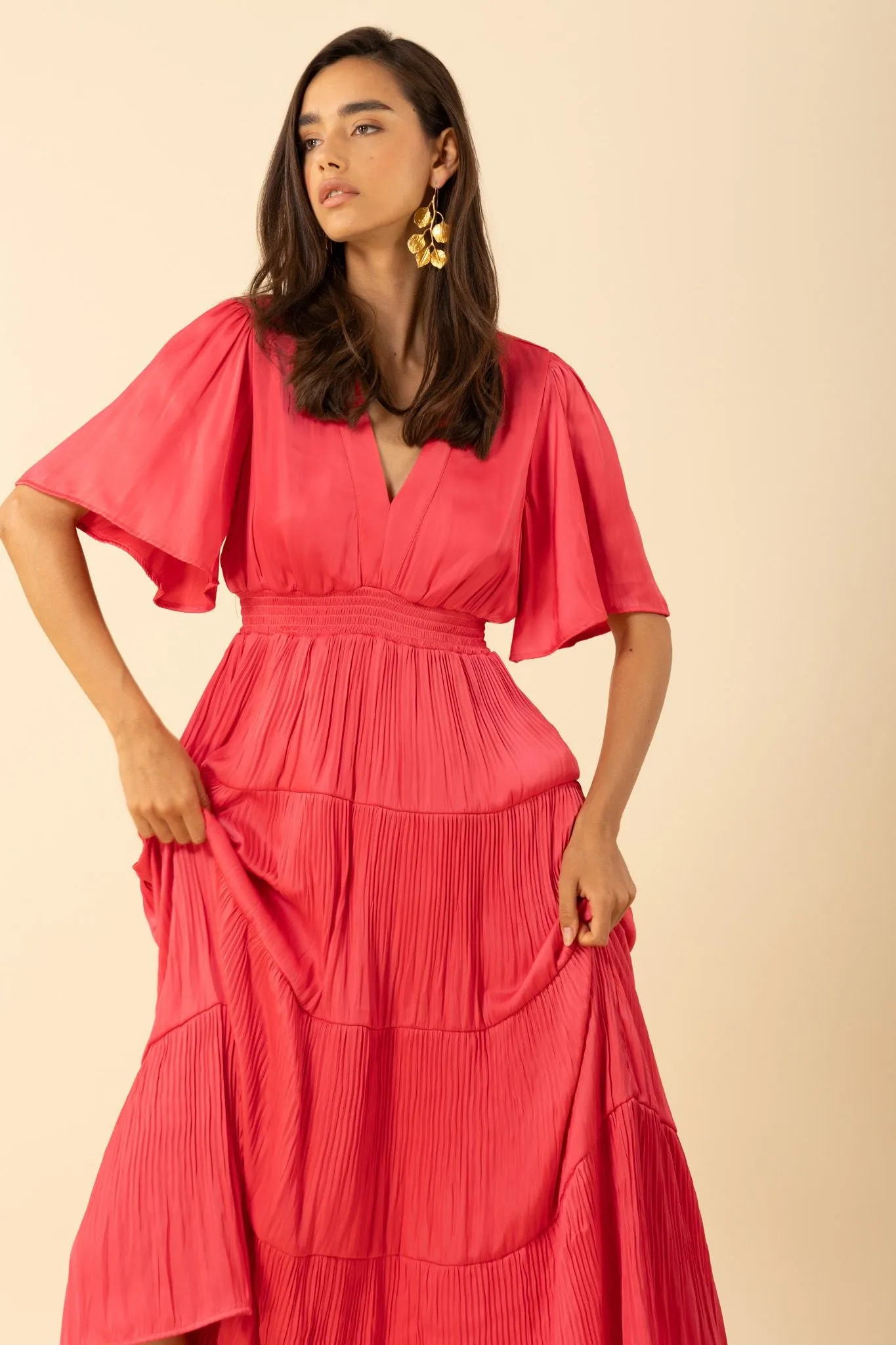 V Neck Pleated Maxi Dress-Pink