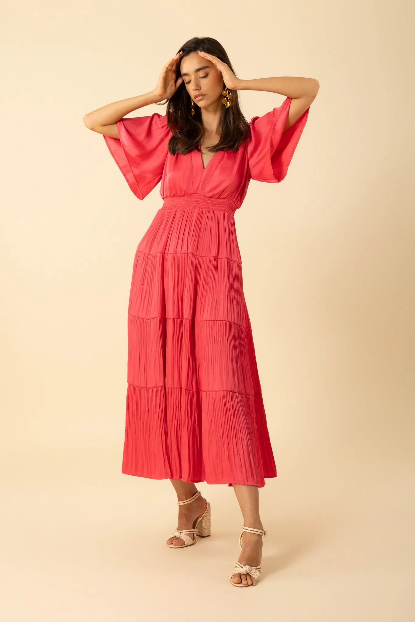 V Neck Pleated Maxi Dress-Pink