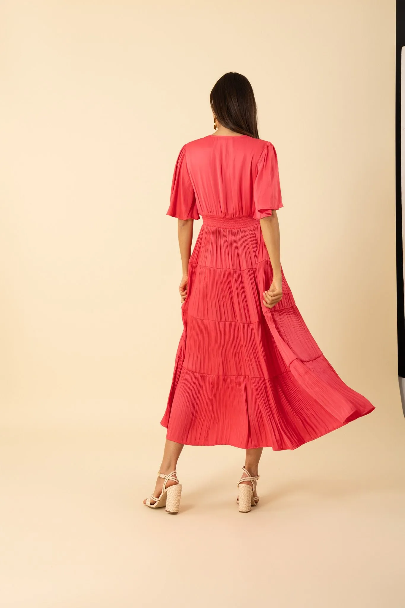 V Neck Pleated Maxi Dress-Pink