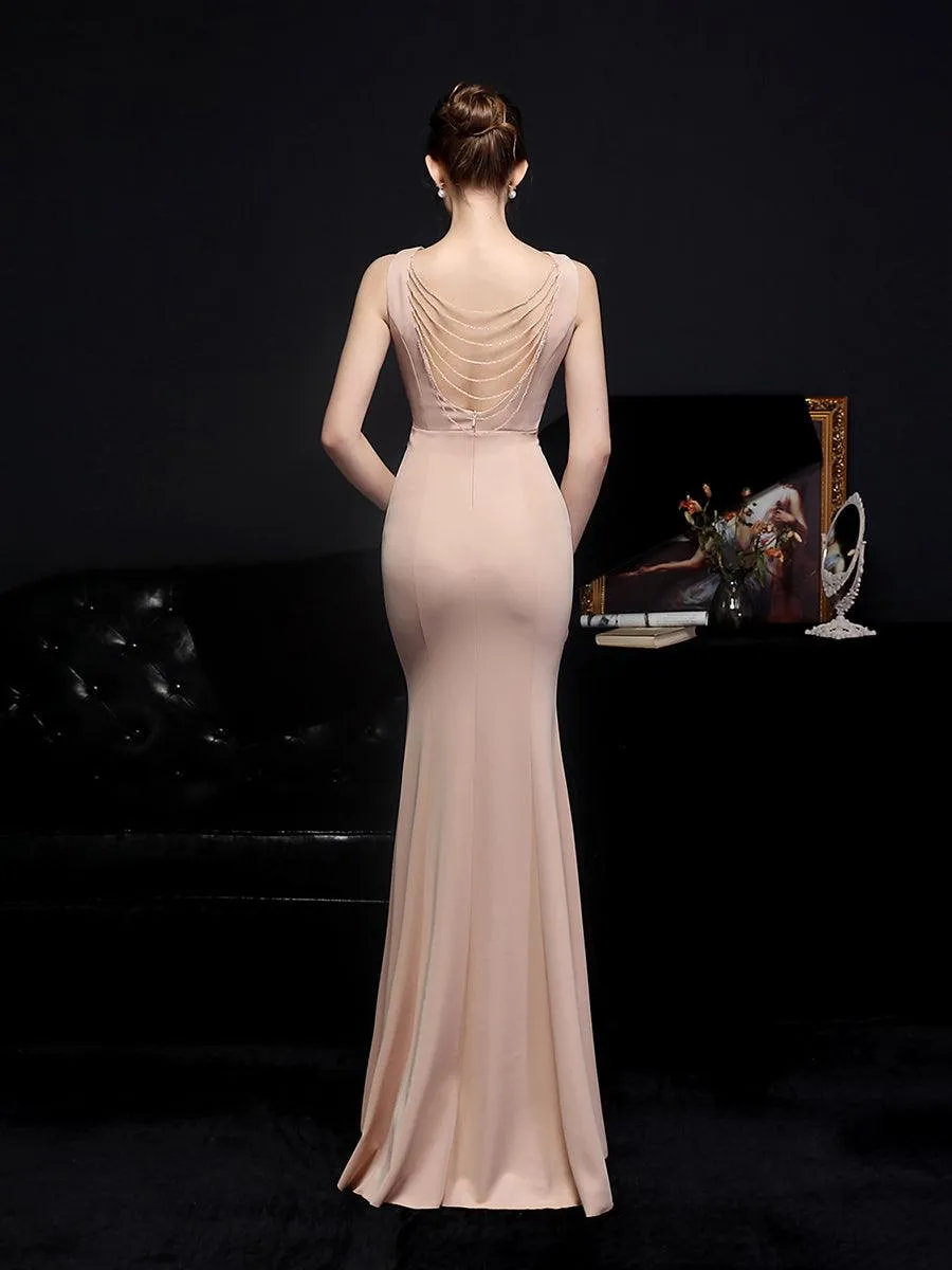 V-neck Solid Cutout Back Chain Prom Dress MYC2012