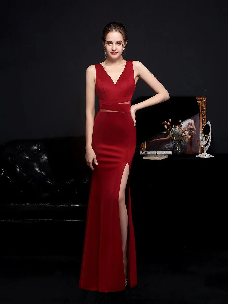 V-neck Solid Cutout Back Chain Prom Dress MYC2012