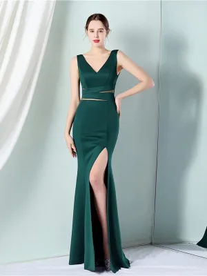 V-neck Solid Cutout Back Chain Prom Dress MYC2012