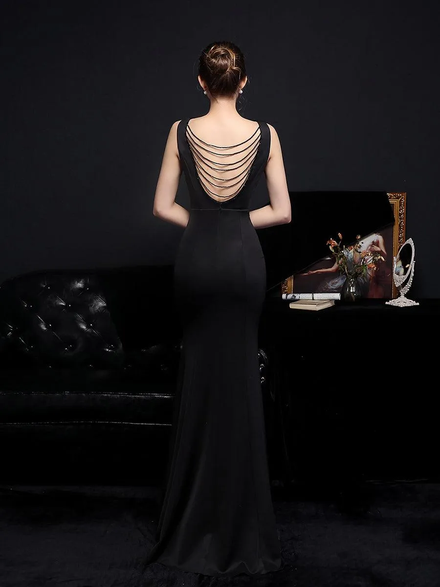V-neck Solid Cutout Back Chain Prom Dress MYC2012