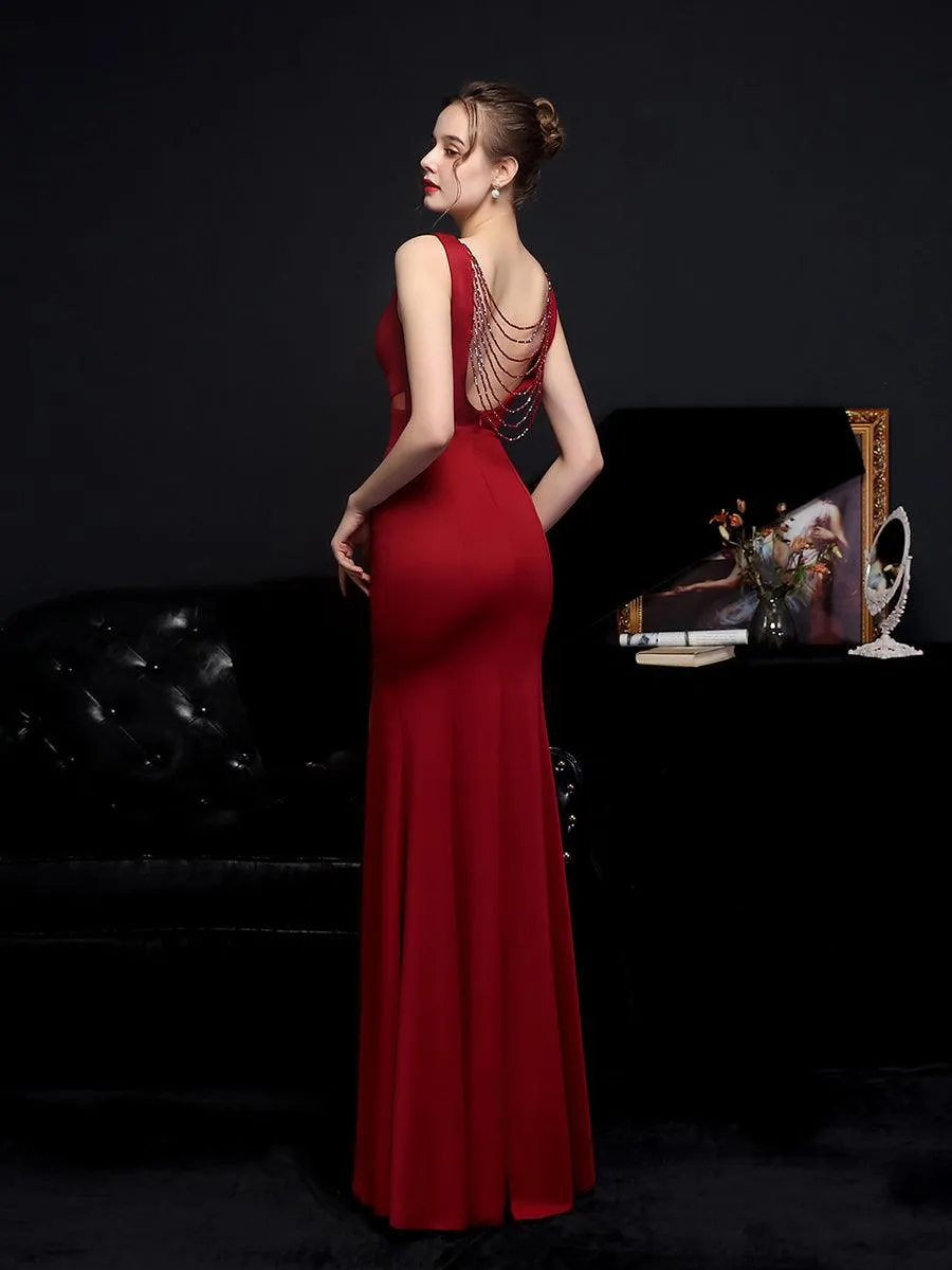 V-neck Solid Cutout Back Chain Prom Dress MYC2012