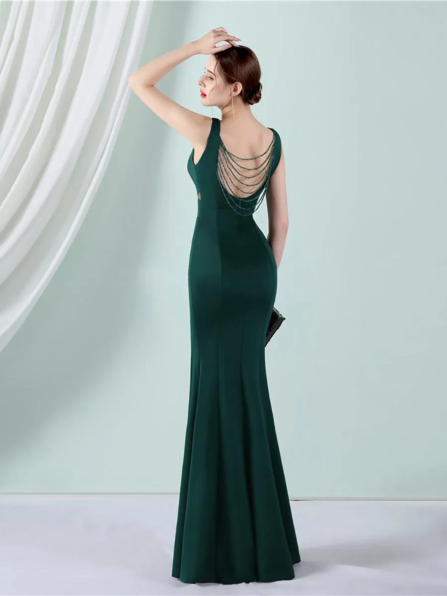 V-neck Solid Cutout Back Chain Prom Dress MYC2012