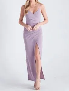 V Neck Spaghetti Strap Side Slit Faux Wrap Ruched Maxi Dress