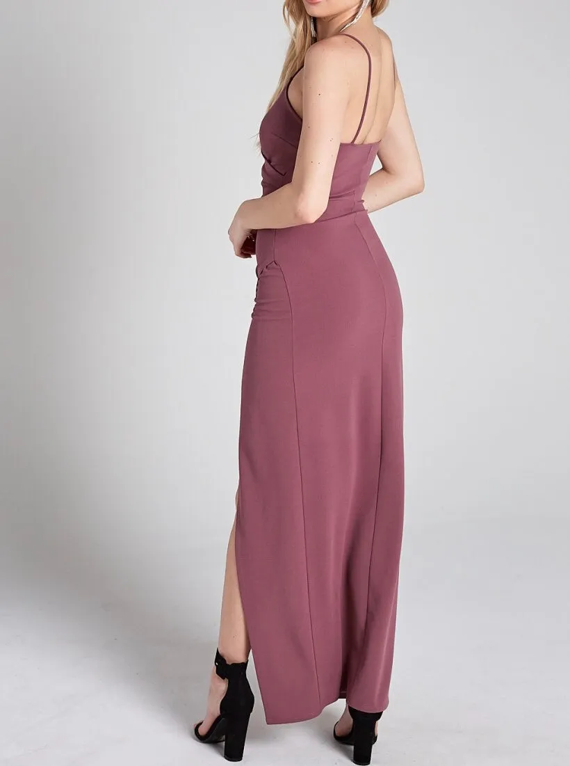 V Neck Spaghetti Strap Side Slit Faux Wrap Ruched Maxi Dress