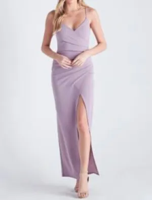 V Neck Spaghetti Strap Side Slit Faux Wrap Ruched Maxi Dress