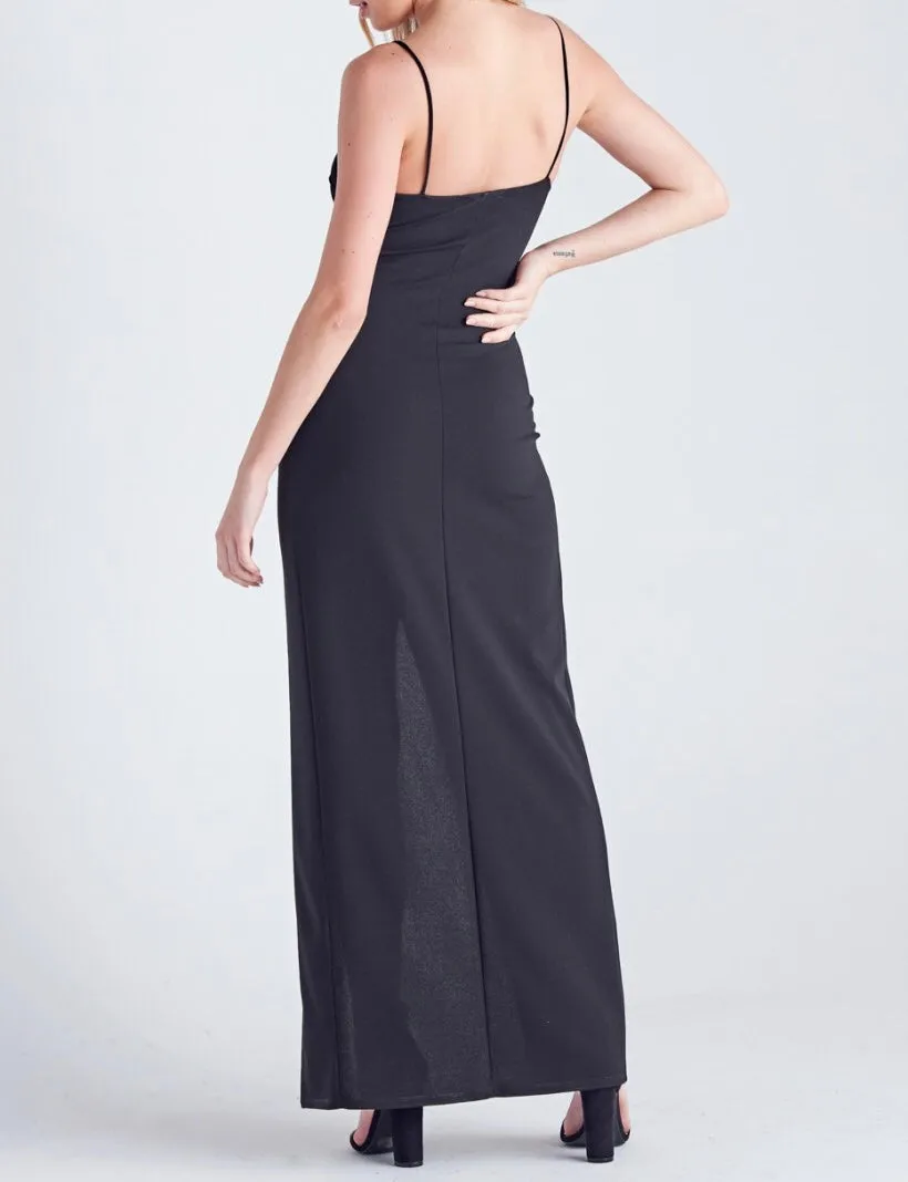 V Neck Spaghetti Strap Side Slit Faux Wrap Ruched Maxi Dress