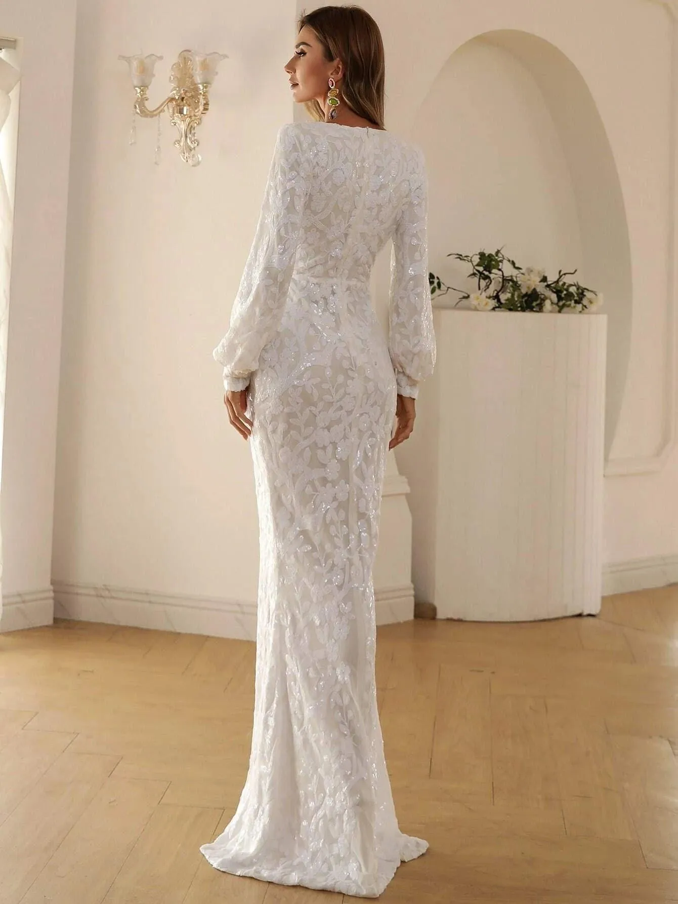V-neck Split Sequin Wedding Guest Dress M01207